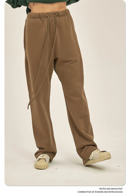 ZODF Fashion 2024 Men Loose Straight Pants Unisex 365gsm Retro Comfortable Sport Solid Drawstring Trousers HY0588