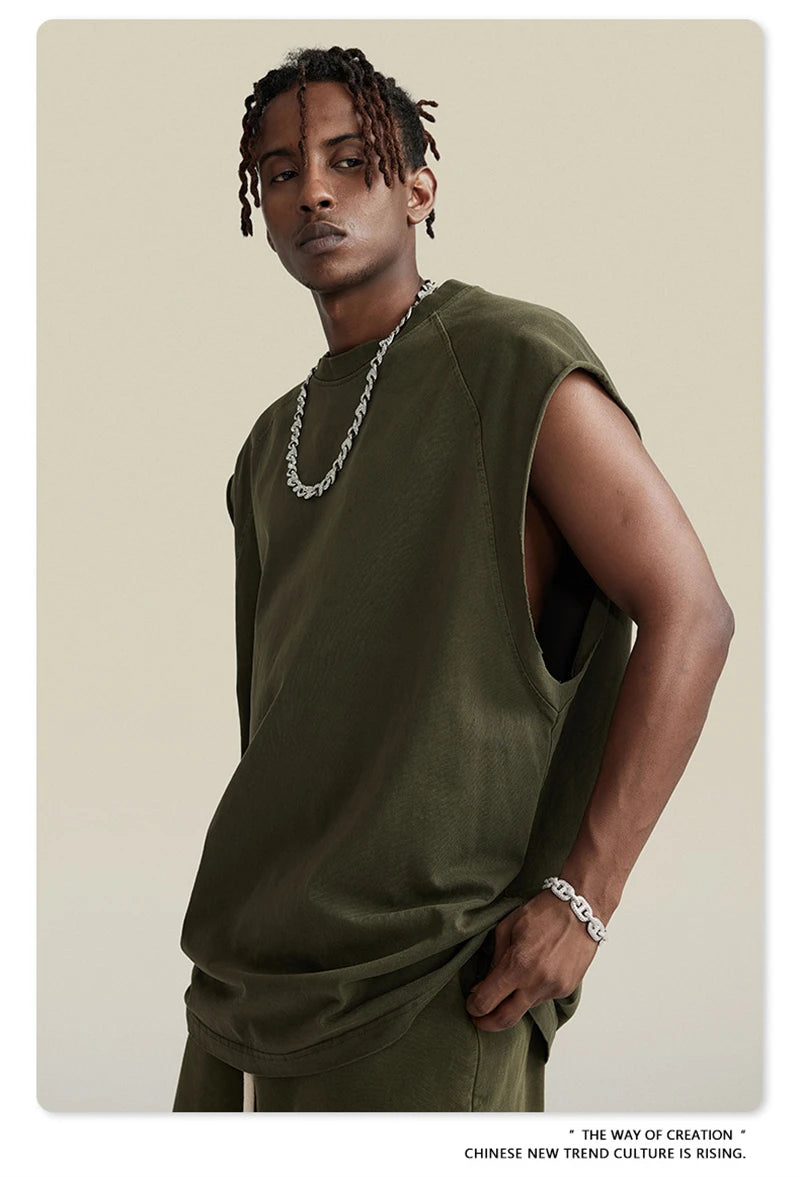 ZODF American Retro Men Washed Solid Tank Tops Women Unisex Loose Edge 275gsm Cotton Sleeveless Tees Brand Streetwears HY0503