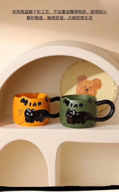 Cat Stacking Mug Creative Cute Cartoon Cat Ceramic Coffee Cup Fun Cat Tail Integrated Handle Cup Couple Water Cup Birthday Gift