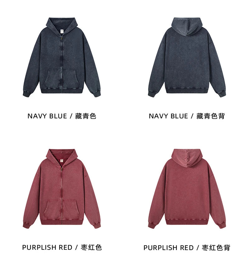 ZODF Retro Autumn Batik Washed 100% Cotton 420gsm Terry Oversized Distressed Zipper Hoodie Unisex HY0936