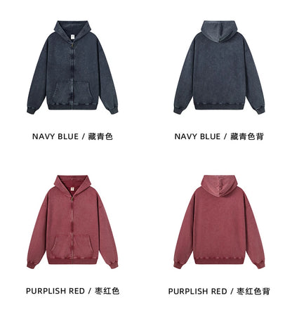 ZODF Retro Autumn Batik Washed 100% Cotton 420gsm Terry Oversized Distressed Zipper Hoodie Unisex HY0936