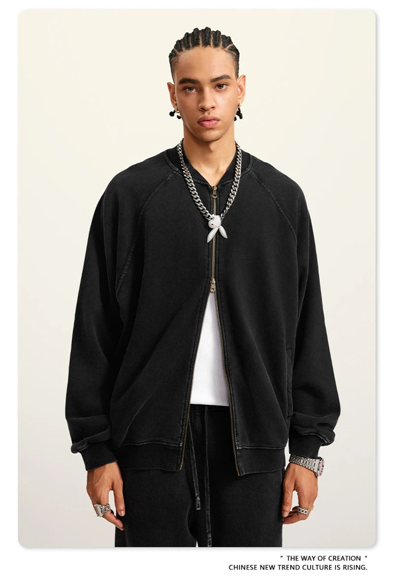ZODF New Winter Washed Double Zipper Jackets For Men Unisex Loose Heavy Weight 450gsm Raglan Sleeve Cotton Coats HY0654