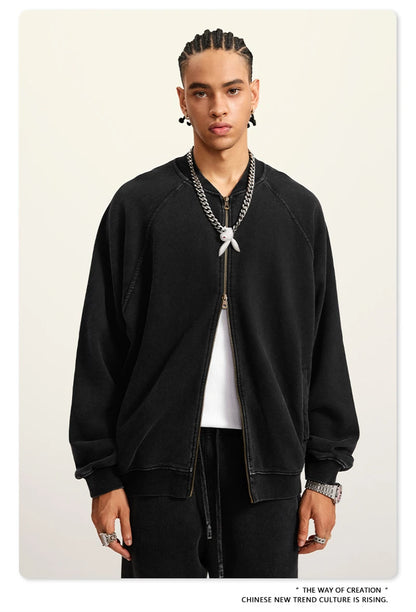 ZODF New Winter Washed Double Zipper Jackets For Men Unisex Loose Heavy Weight 450gsm Raglan Sleeve Cotton Coats HY0654