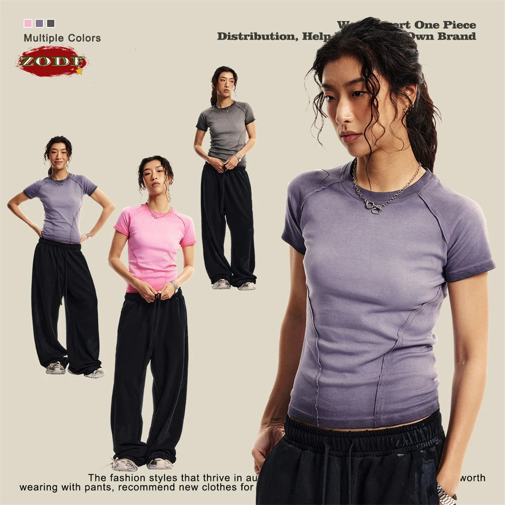 ZODF 2024 Summer Hotweet Washed T Shirt For Women Girls Gradient Raglan Sleeve Comfortable Short Tees Brand Tees HY0826