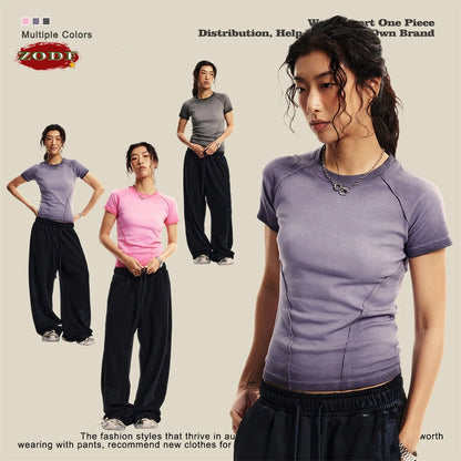 ZODF 2024 Summer Hotweet Washed T Shirt For Women Girls Gradient Raglan Sleeve Comfortable Short Tees Brand Tees HY0826