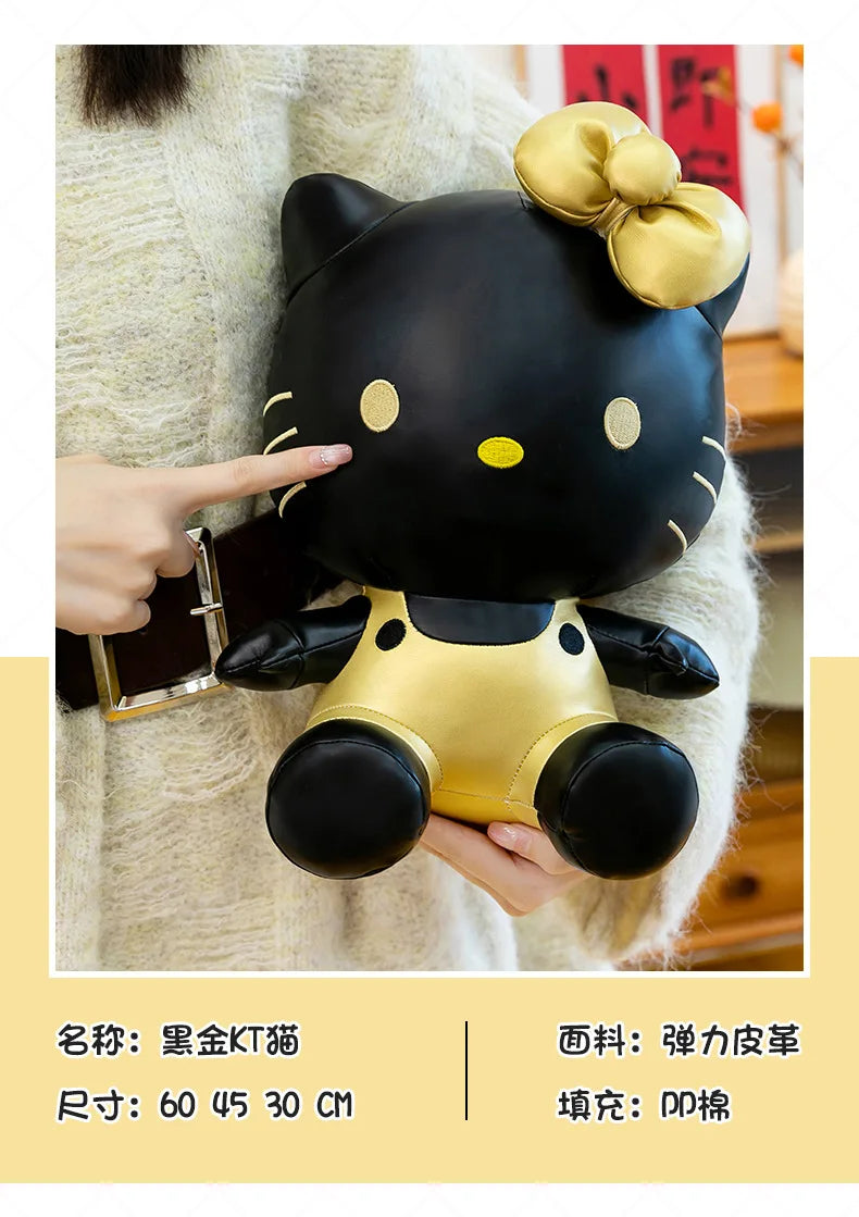 Cute Hello Kitty Plush Toy Black Gold Leather Cute Stuffed Animal Doll Kids Birthday Xmas Gift for Girls Plushie Pillow Present