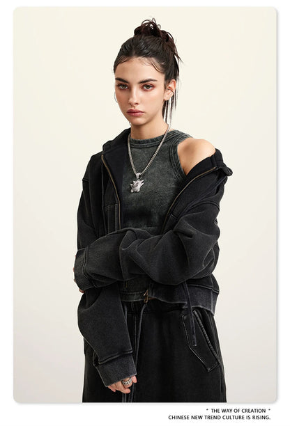 ZODF Retro 2025 Winter Women Short Zipper Hoodies Female Girls Loose 355gsm Thick Fleece Hooded Zip-up Coat Streetwears HY0448