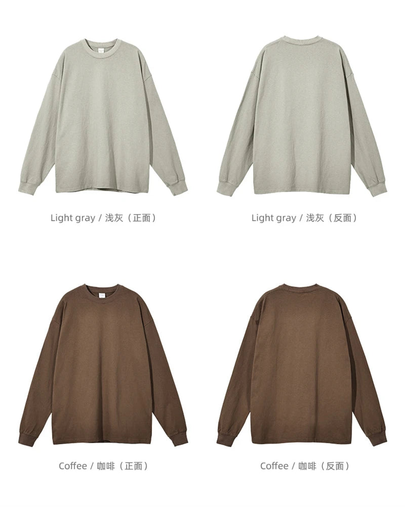 ZODF Retro Autumn Full Sleeve Washed 100% Cotton T-Shirts For Men Unisex Solid Casual Loose 310gsm Tee Brand Tops HY0405