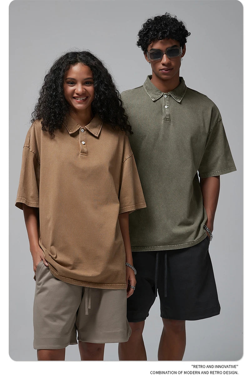 ZODF Summer Men Batik Washed 275gsm Cotton T Shirt Unisex Retro Turn Down Collar Short Sleeve T-shirts Tees HY0533