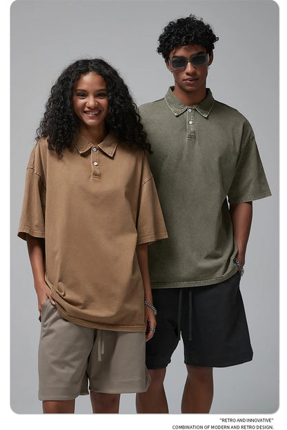 ZODF Summer Men Batik Washed 275gsm Cotton T Shirt Unisex Retro Turn Down Collar Short Sleeve T-shirts Tees HY0533