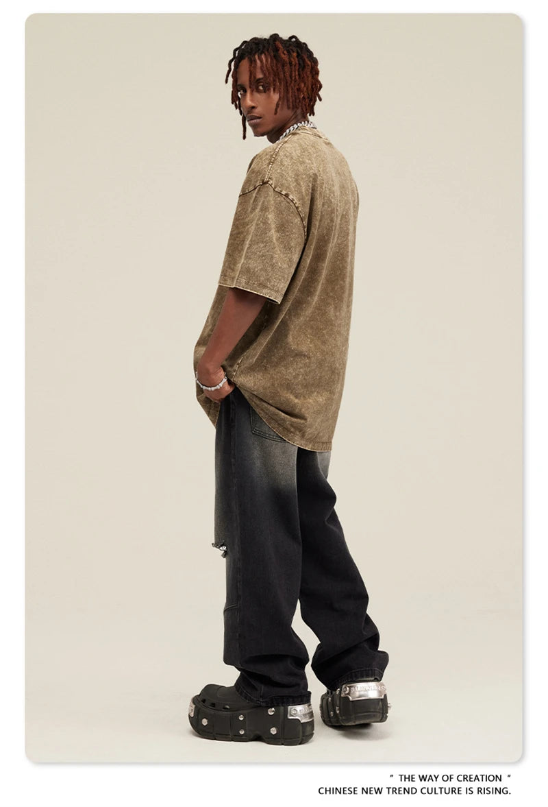 ZODF New Summer Men Washed Batik Cotton T Shirts Unisex American Retro High Street 270gsm Short Sleeve Tees Streetwear HY0489