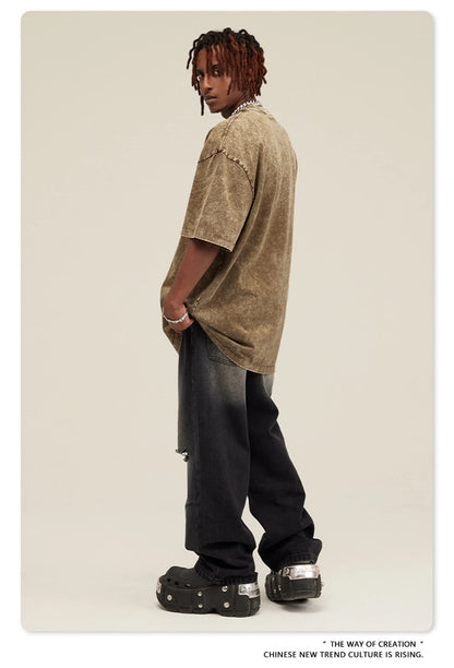 ZODF New Summer Men Washed Batik Cotton T Shirts Unisex American Retro High Street 270gsm Short Sleeve Tees Streetwear HY0489