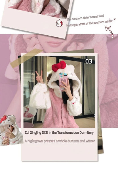 Aoger Hello Kitty Pajamas Women'S Autumn And Winter Coral Velvet Thickened Bathrobe Cute Winter Nightgown Long Women'S Suit