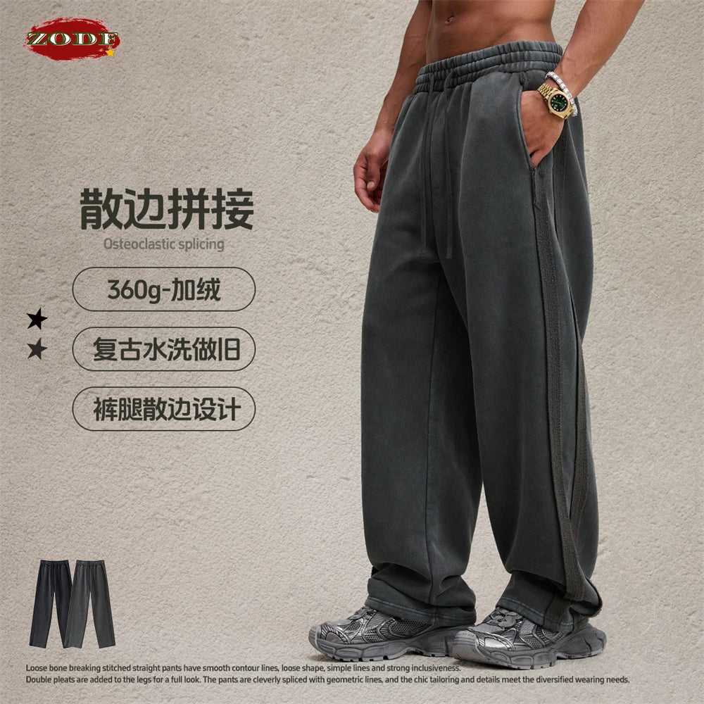 ZODF Vintage Man Winter Washed Fleece Straight Pants Unisex Distressed 360gsm Knitted Warm Trousers Brand Bottoms HY1092