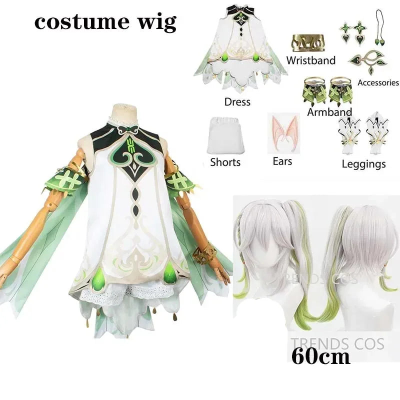 Genshin Impact Nahida Cosplay Costume Set Cotton Polyester - costume and wig / XXS(Kids 140cm)