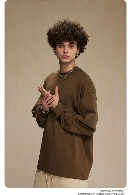 ZODF Fashion Spring Autumn Men 100% Cotton T-Shirt Unisex Fake 2-Piece 305gsm Solid Full Sleeve O Neck T Shirt Brand Tees HY0925