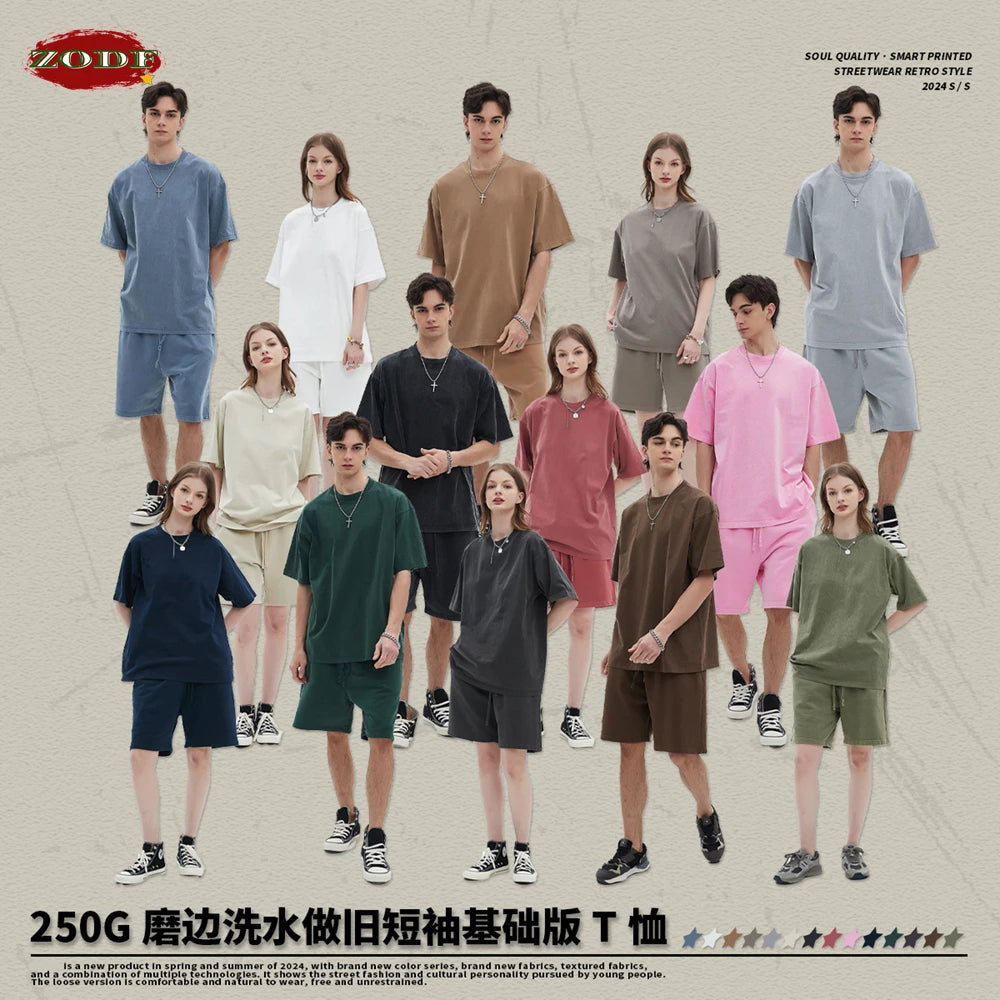 ZODF Men 2024 Retro Summer Washed Solid Cotton T-Shirts Unisex Retro Loose High Street 250gsm Basic Tees Streerwears HY0075