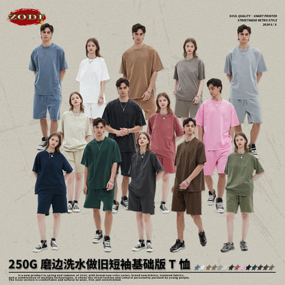 ZODF Men 2024 Retro Summer Washed Solid Cotton T-Shirts Unisex Retro Loose High Street 250gsm Basic Tees Streerwears HY0075