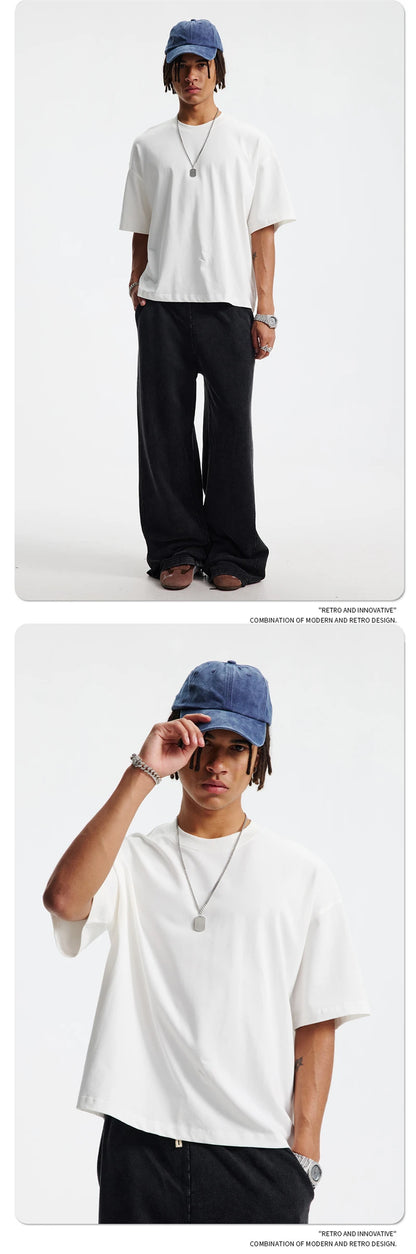 ZODF New Men Summer Boxy 275gsm Cotton T-Shirts Retro Unisex Oversized Short Version Basic T Shirt Brand Tees HY1070