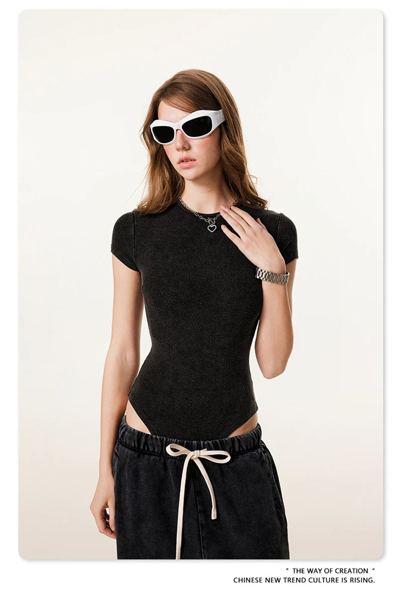 ZODF Hotsweet 2025 Women Washed Short Sleeve Bodysuits Sexy Girls Female 275gsm Slim Fit Distressed TEE Brand Tops HY1058