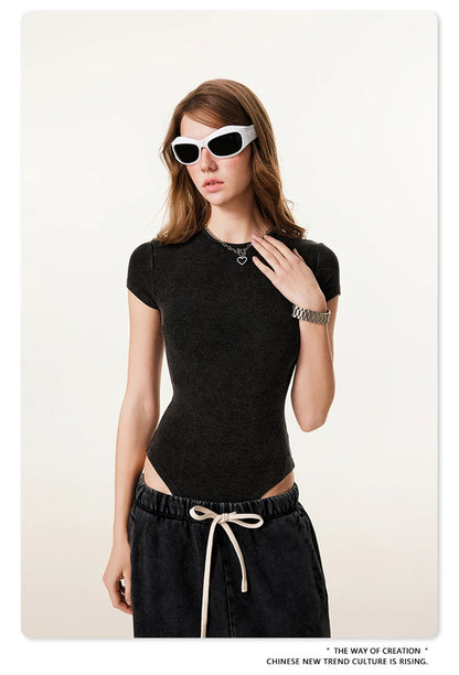 ZODF Hotsweet 2025 Women Washed Short Sleeve Bodysuits Sexy Girls Female 275gsm Slim Fit Distressed TEE Brand Tops HY1058