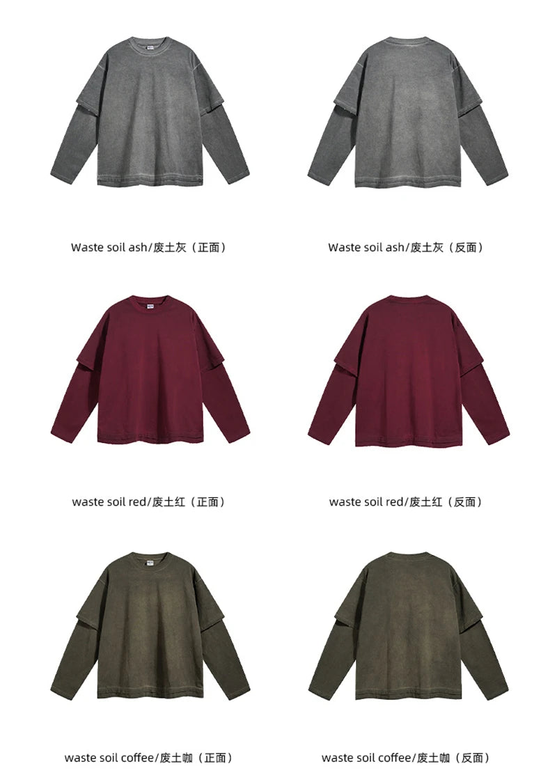 ZODF New 2024 Autumn Fake 2 Pieces T-Shirt For Men Unisex Loose Solid Long Sleeve O-Neck 305gsm Cotton T Shirt Brand Tops HY0944