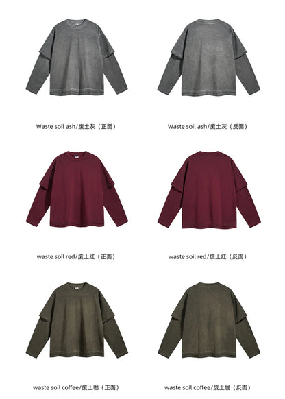 ZODF New 2024 Autumn Fake 2 Pieces T-Shirt For Men Unisex Loose Solid Long Sleeve O-Neck 305gsm Cotton T Shirt Brand Tops HY0944