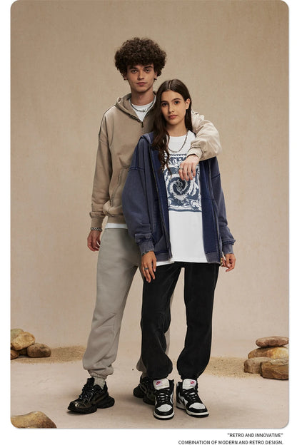 ZODF Retro Men's Heavyweight 450gsm Zipper Hoodies Unisex Loose Distressed Washed Batik Knitted Hooded Coat Jacket HY0889