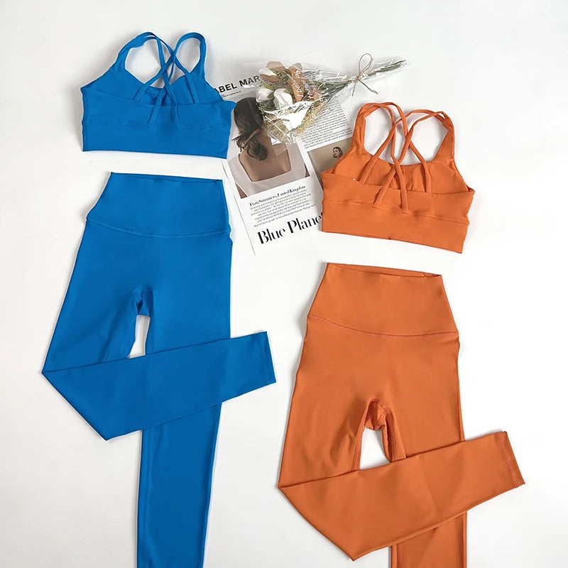 2 Pieces Yoga Set Women Gym Set Workout Clothes Sports Suits High Waist Leggings Cross Straps Fitness Bra Top Running Tracksuit