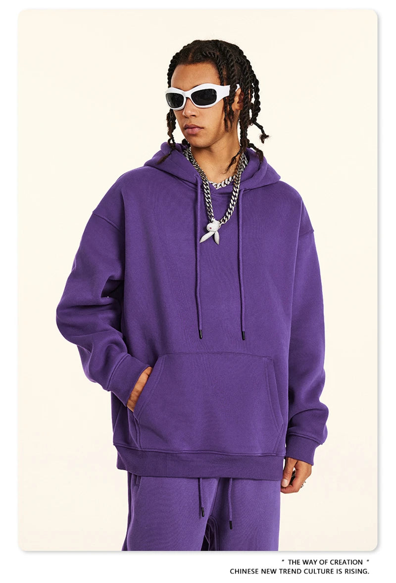 ZODF New 2024 Autumn Winter Men 345gsm Fleece Hoodies Unisex Women Relax Fit Warm Solid Hooded Pullovers Sweatshirts HY0863