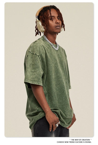 ZODF New Summer Men Washed Batik Cotton T Shirts Unisex American Retro High Street 270gsm Short Sleeve Tees Streetwear HY0489