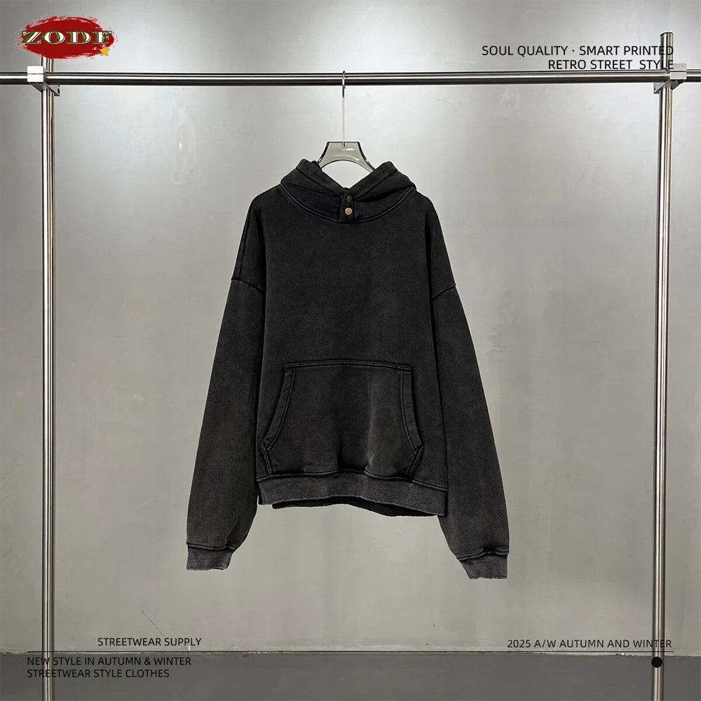 ZODF Retro Winter Washed 370gsm Man's Fleece Hoodie Unisex Distressed Thick Warm Buttons Hooded Pullovers Coats HY1169