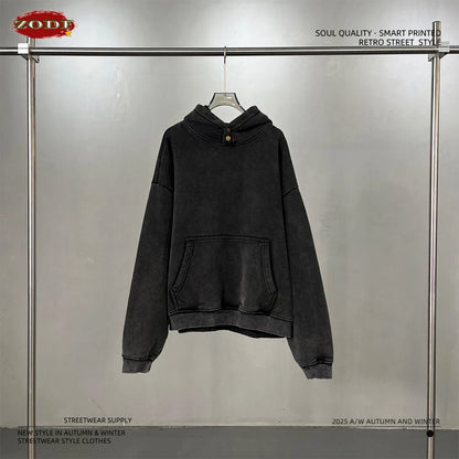 ZODF Retro Winter Washed 370gsm Man's Fleece Hoodie Unisex Distressed Thick Warm Buttons Hooded Pullovers Coats HY1169