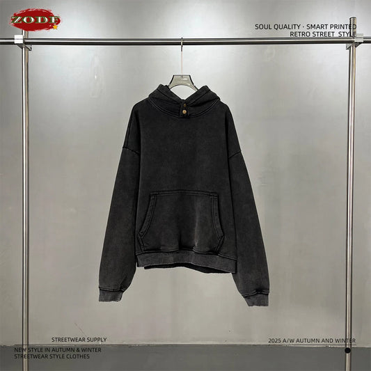 ZODF Retro Winter Washed 370gsm Man's Fleece Hoodie Unisex Distressed Thick Warm Buttons Hooded Pullovers Coats HY1169