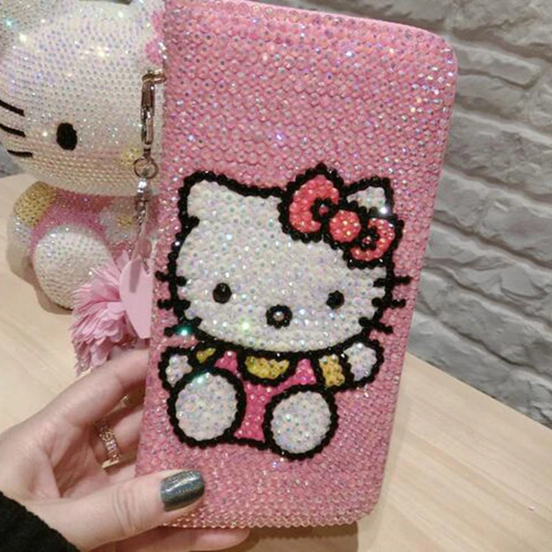 New Sanrio Cute Full Diamond Hello Kitty Wallet Sticker Full Diamond Lady Girl Heart Long Zipper Wallet Mobile Bag
