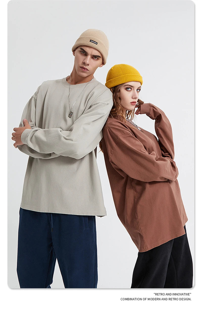 ZODF Retro Autumn Full Sleeve Washed 100% Cotton T-Shirts For Men Unisex Solid Casual Loose 310gsm Tee Brand Tops HY0405