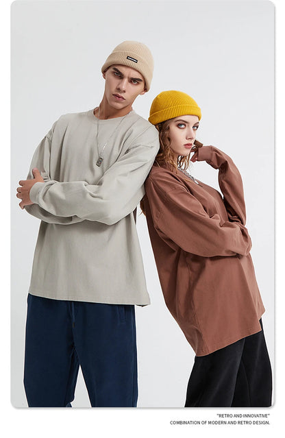 ZODF Retro Autumn Full Sleeve Washed 100% Cotton T-Shirts For Men Unisex Solid Casual Loose 310gsm Tee Brand Tops HY0405