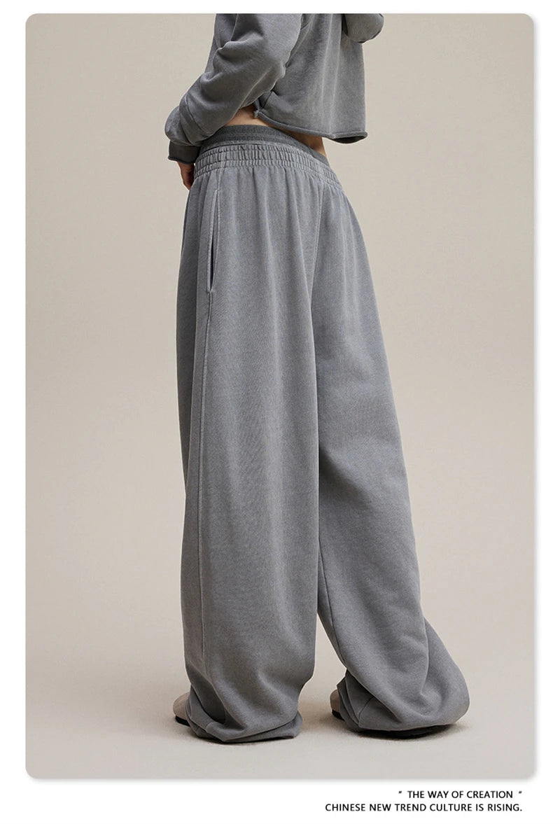 ZODF Retro Women Washed 370gsm Straight Pants Vintage Girls Female Loose Double Waist Wide Leg Cotton Trousers HY1150