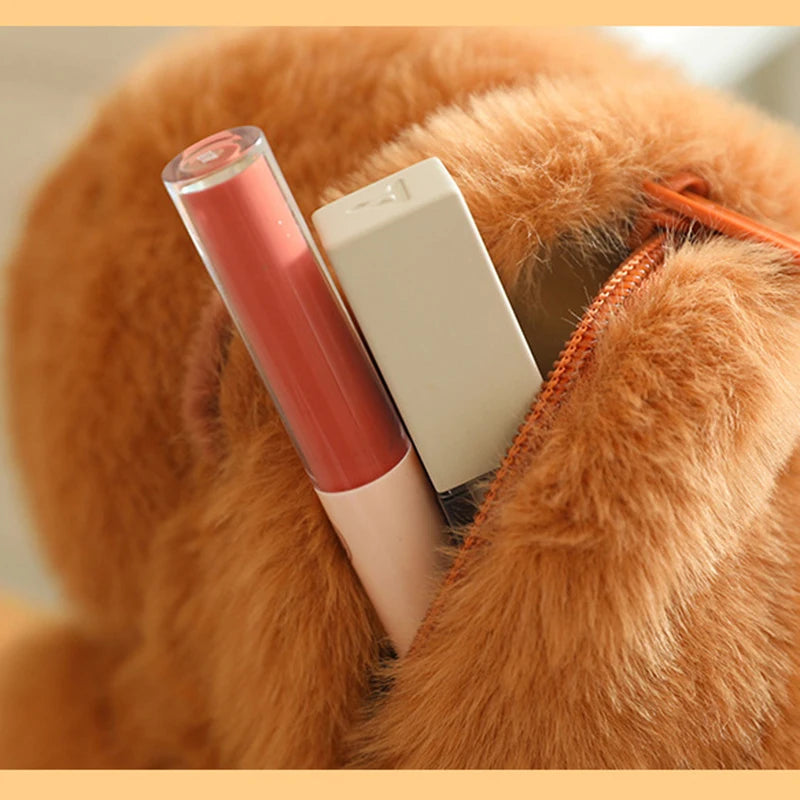 High Quality Fluffy Capybara Plush Bag Furry Stuffed Animal Capybara Soft Shoulder Bag with Cute Fruit Charm Decor for Girl