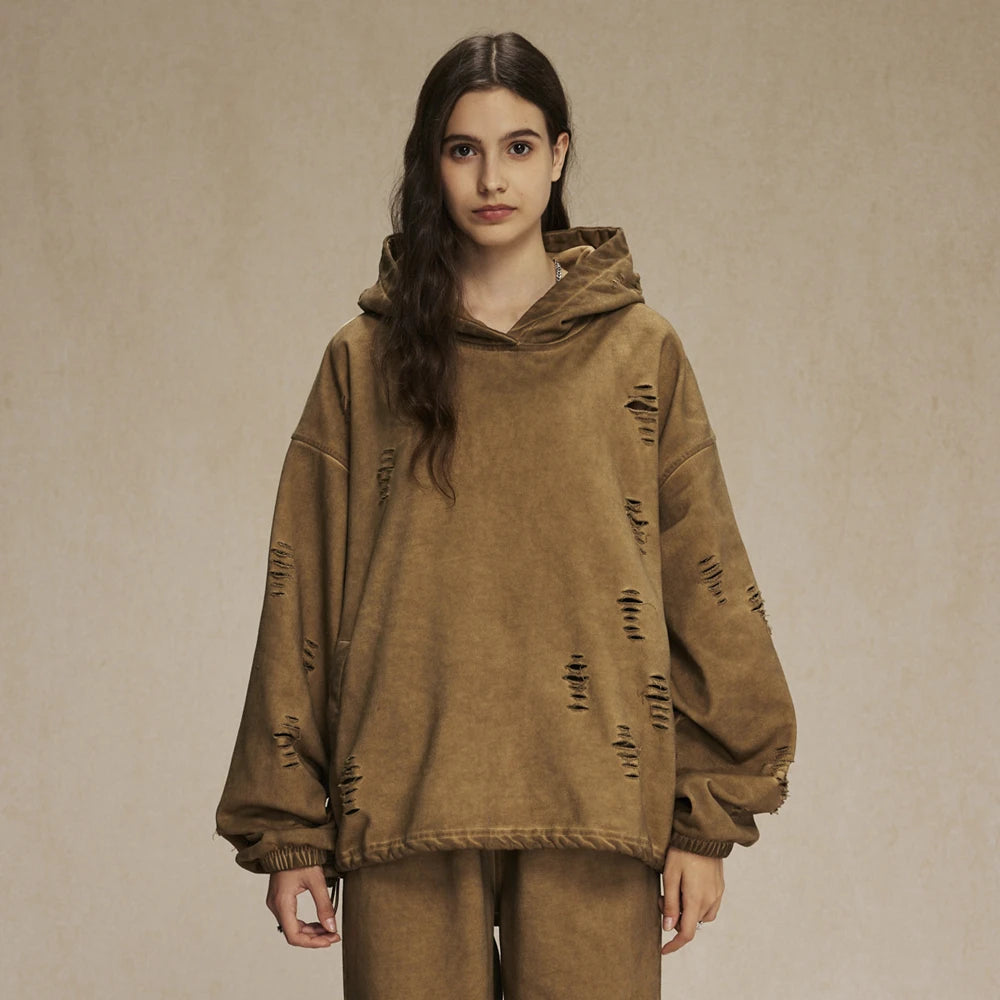 ZODF Vintage Winter Men Distressed 450gsm Hoodies Unisex High Street Ripped Holes Elastic Hem Hooded Pullovers Coat HY0932