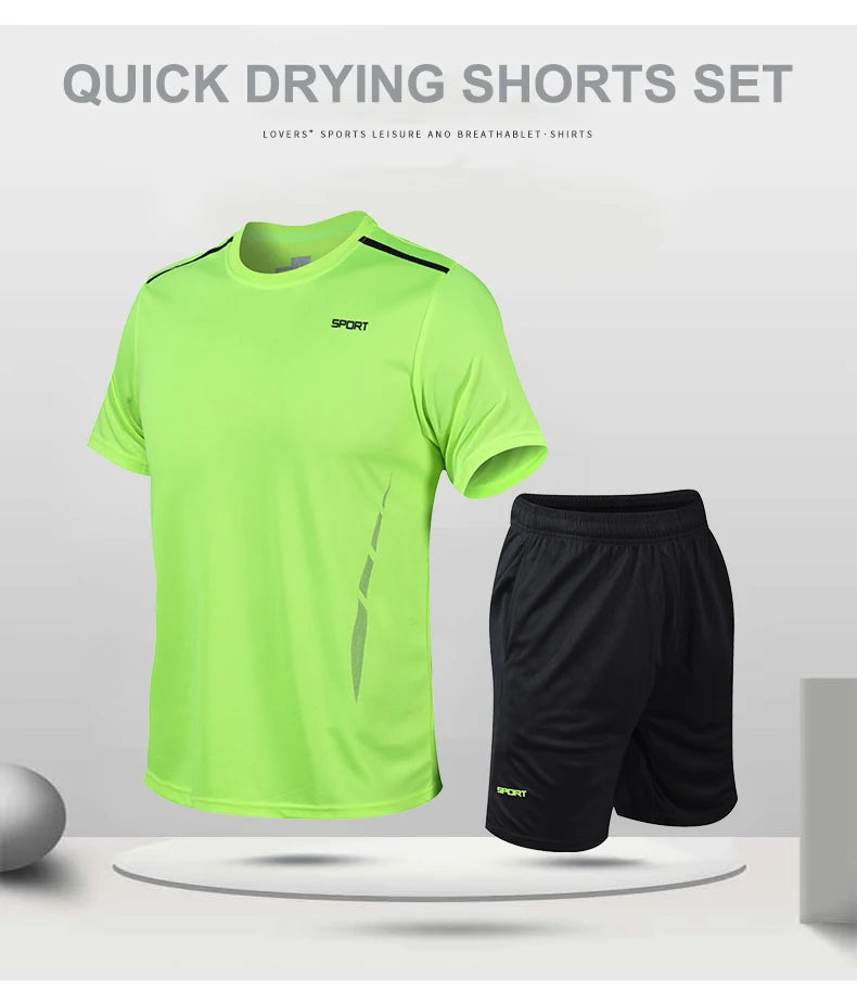 Chrlck Men’s Quick Drying Breathable Running and Outdoor Sports Set – T-Shirt Shorts with Soft Elasticity for Hiking