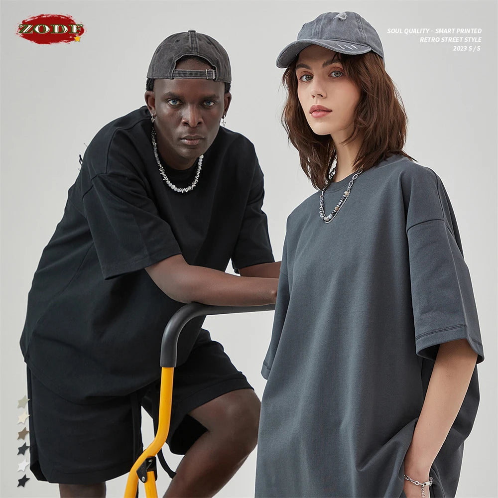 ZODF New 2025 Heavy Weight Summer Solid T Shirts For Men Unisex High Street Oversized 385gsm Cotton T-Shirt Streetwears HY0497