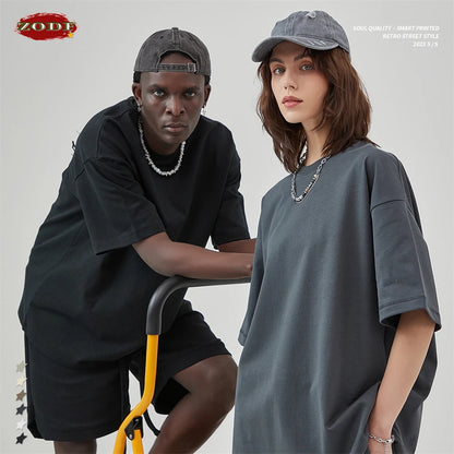 ZODF New 2025 Heavy Weight Summer Solid T Shirts For Men Unisex High Street Oversized 385gsm Cotton T-Shirt Streetwears HY0497