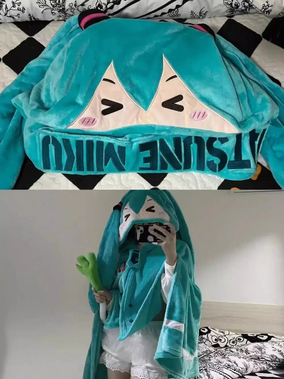 Kawaii Hatsune Itabag Multifunctional Hooded Air Conditioning Blanket Flannel Cloak Soft And Warm Nap Shawl Miku Surprise Gift