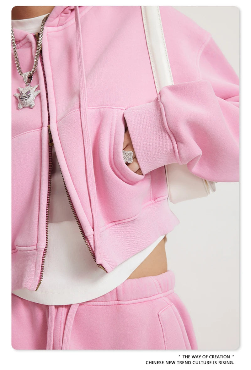 ZODF Retro 2025 Winter Women Short Zipper Hoodies Female Girls Loose 355gsm Thick Fleece Hooded Zip-up Coat Streetwears HY0448