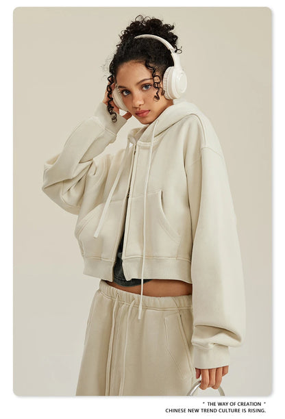 ZODF Retro 2025 Winter Women Short Zipper Hoodies Female Girls Loose 355gsm Thick Fleece Hooded Zip-up Coat Streetwears HY0448