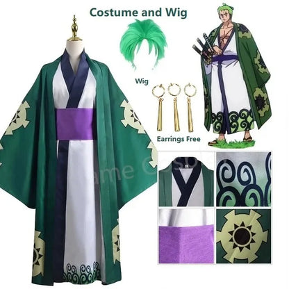 One Piece Roronoa Zoro Kimono Costume Unisex Polyester Set - and Wig / S / ONE PIECE