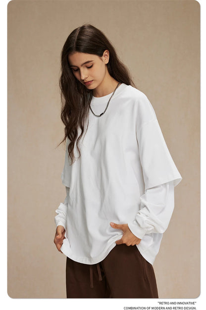 ZODF Fashion Spring Autumn Men 100% Cotton T-Shirt Unisex Fake 2-Piece 305gsm Solid Full Sleeve O Neck T Shirt Brand Tees HY0925