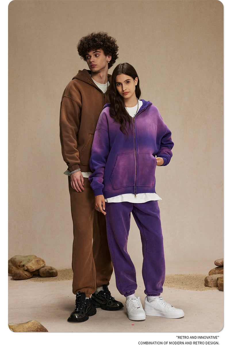 ZODF Retro Winter Men Spray-Dyed Zipper Hoodies Unisex Loose 360gsm Zipper Fleece Hooded Sweatshirt Pullovers Coats HY0719