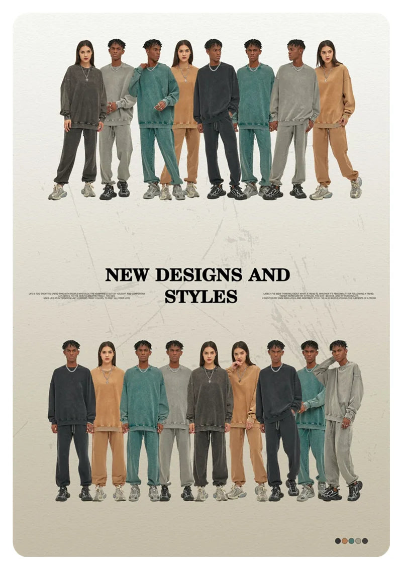 ZODF Retro Autumn Men Batik Washed Cotton Sweatshirts Unisex Loose 420gsm Terry O Neck Pullovers Streetwears HY0665